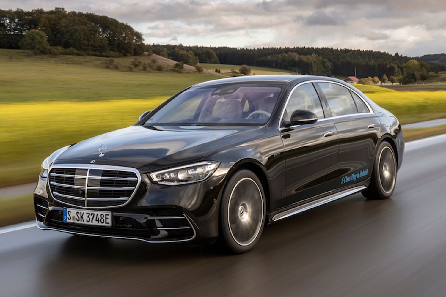 Mercedes S-Class PHEV exterior front driving in country